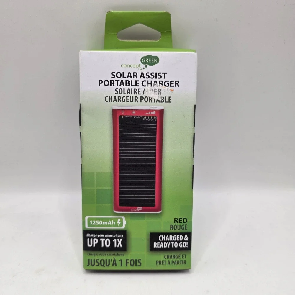 Concept Green Solar Assist Portable Charger 1250mAh Red CGS1100-R Power Bank USB